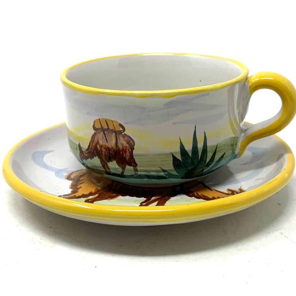 VTG Los Reyes Lima Peru Pottery Handpainted Terra Cotta Llama Designs Cup&Saucer
